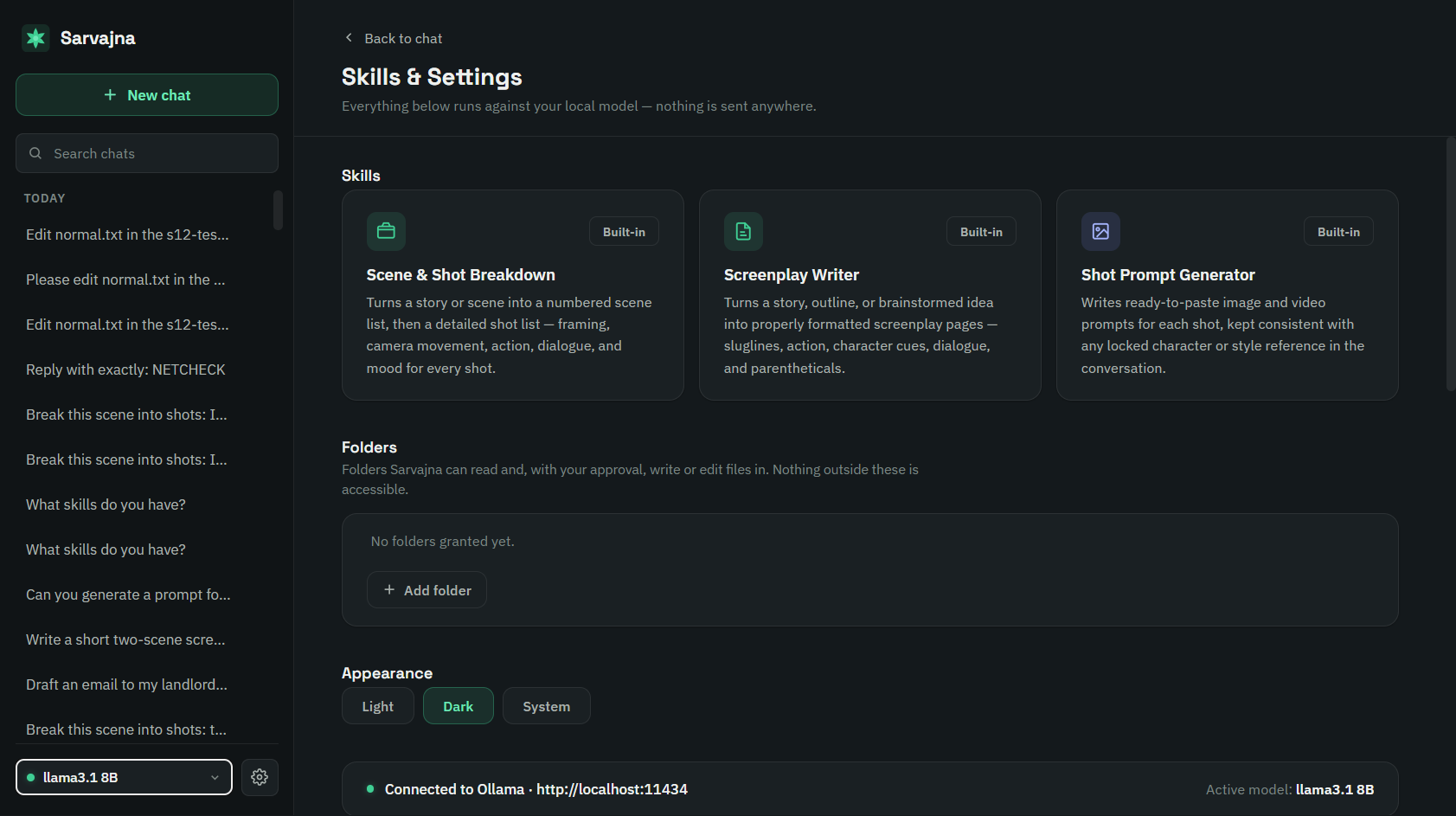 Sarvajna skills and settings screen